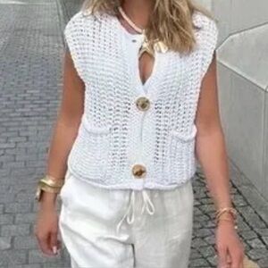 Zara Ivory Chunky Crochet Vest with Brass Accent Button